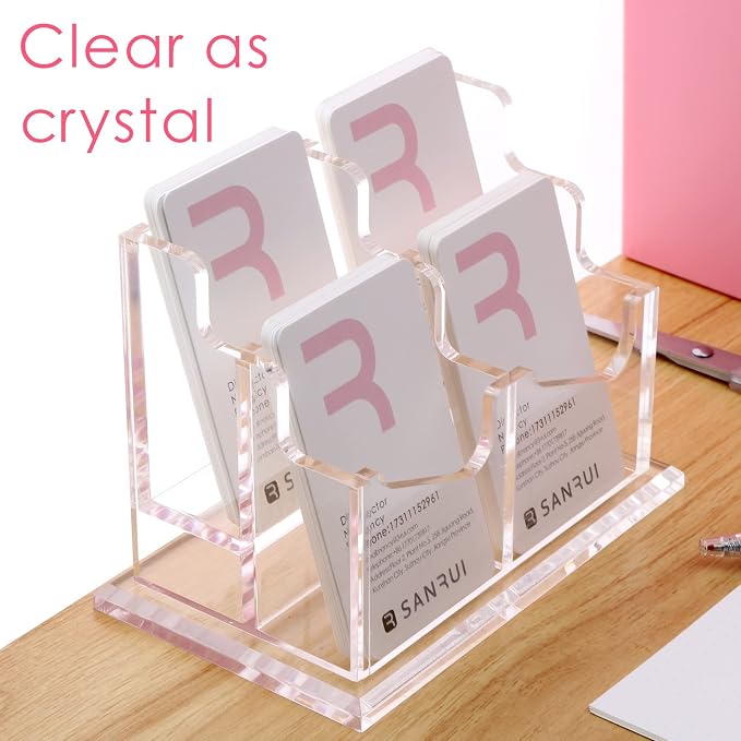 SANRUI Vertical Business Card Holder for Desk，Clear Acrylic Business Card Display Stand，4 Slots 2 Tier ，Holds 200 Cards