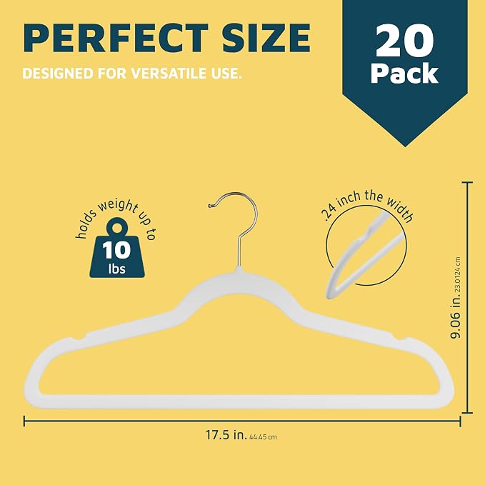 Lifemaster Velvet Clothes Hanger – with 360 Degree Swivel Hook and Non-Slip Shoulder Notch, Holds Up to 10 lbs, Heavy Duty Hanger Set, for Organizing Suit, Dress, Coat, and Clothes, Pack of 20, White