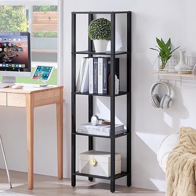 YUFAM 54in Tall Bookshelf 5-Tier Small Narrow Bookcase, Skinny Book Shelf for Small Space, Farmhouse Slim Shelf with Storage, Wood Freestanding Display Thin Bookshelves for Living Room, Office, Black