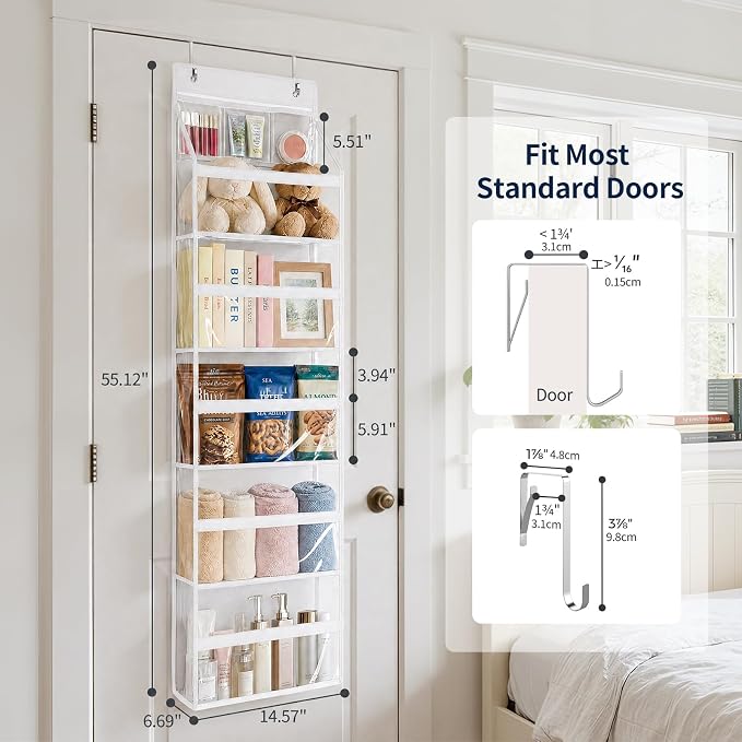 Yecaye 6 Tier Clear Over the Door Organizer, 5 Large PVC Pockets Door Hanger Organizer, 44lbs Capacity Closet Storage for Clothes Stuffed Animals and Cosmetics, Bathroom Bedroom Nursery Dorm RV, White