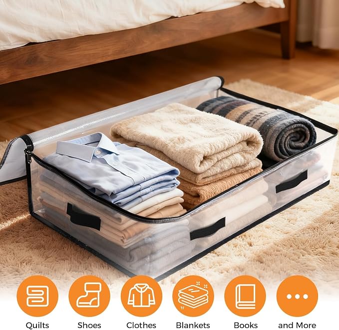 2 Pack Under Bed Storage Bags, 75L Foldable Clear Storage Containers with Handles, Dual Zippers for Comforter, Clothes, Bedding, Linen Sheets, Sweaters, Blanket Storage