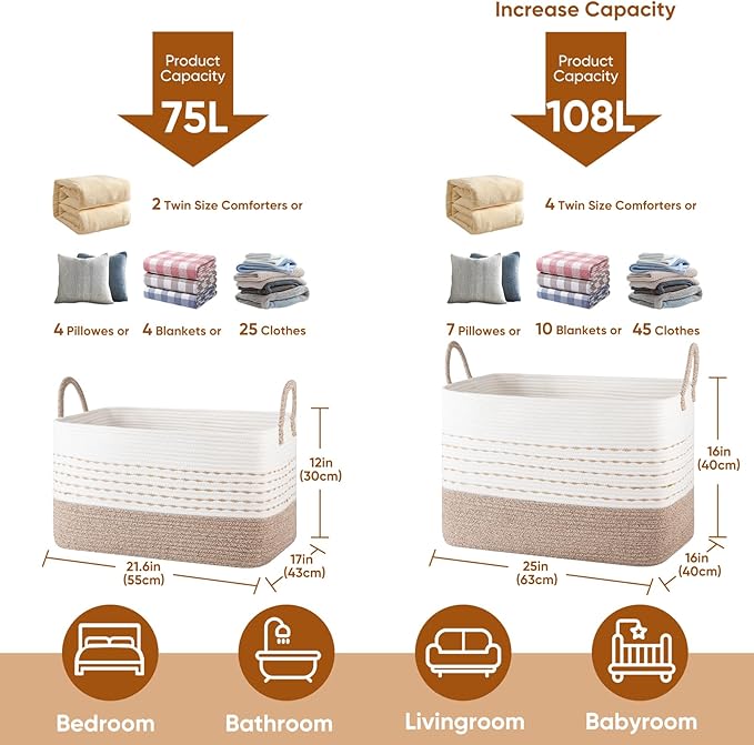 OIASKET XXL Large Blanket Basket for Living Room, 108L Woven Storage Baskets for Organizing, Rectangle Cotton Rope Basket Toy Chest With Handles--Brown & White