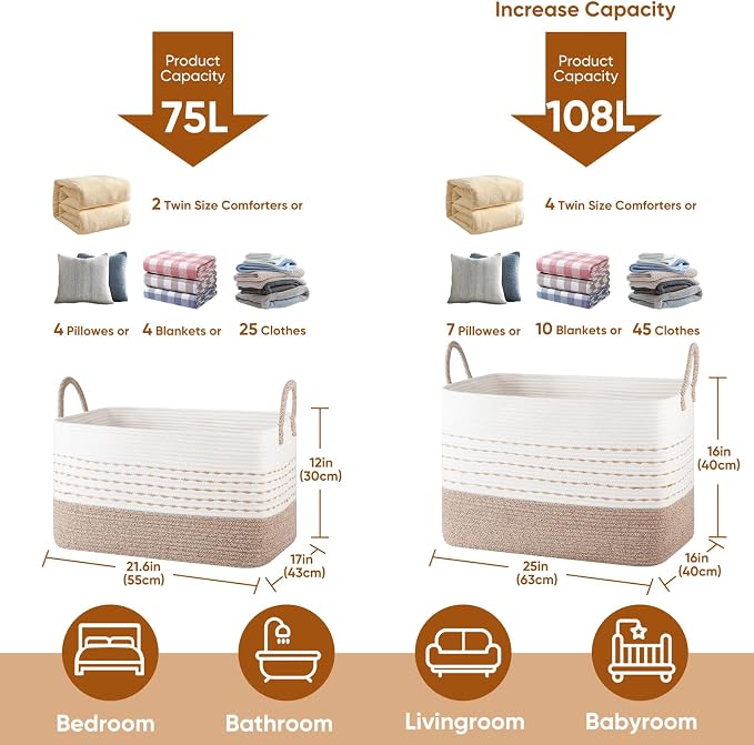 OIASKET 75L Large Cotton Rope Storage Basket, Soft Decorative Blanket Basket for Living Room & Bedroom, Boho Laundry Hamper with Handles Capable of Holding Pillows, Clothes and Toys-Brown & White