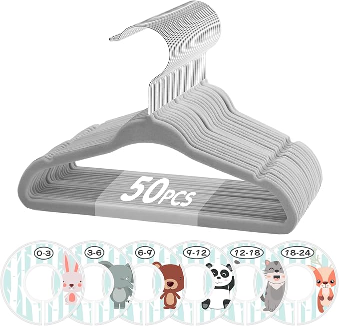 VIS'V Velvet Baby Hangers with 6 Pcs Size Dividers, 11 Inch, Gray, 50 Pcs | Compact Size, Non Slip, Infant Toddler Nursery Closet Organization