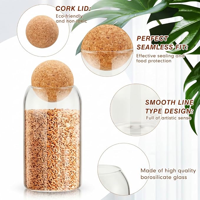 Suclain 5 Pack Glass Jar Set Food Tank with Spherical Cork Cute Ball 4 Sizes Candy Jars Clear Coffee Canister Airtight for Kitchen Bottle Holder Serving Spice Sugar Tea(Classic Style)