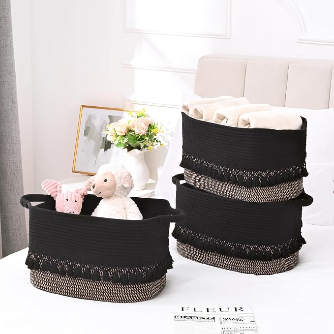 2 Pack Storage Basket for Shelves, Boho Cotton Rope Storage Bins with Heavy Tassel, Shelf Baskets Large Woven Baskets for Organizing, Cube Organizer Bins, Baby Laundry Basket for Clothes, Toys, Pets
