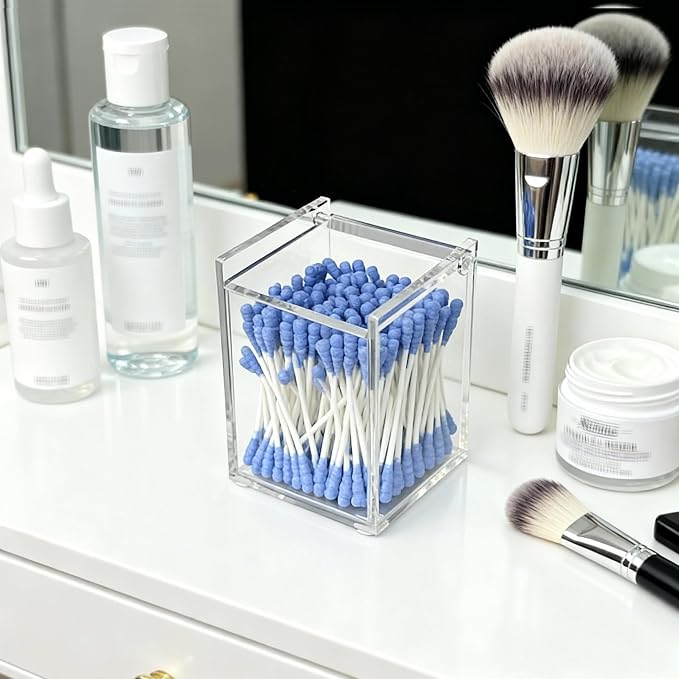 Clear Acrylic Qtip Holder with Lid, Cotton Balls Swab Organizer, 2.95" x 2.56" x 3.94" Dispenser for Makeup Pad, Floss Picks, Bath Salts, Cosmetic Storage Case, Home Bathroom Decor (DP058)