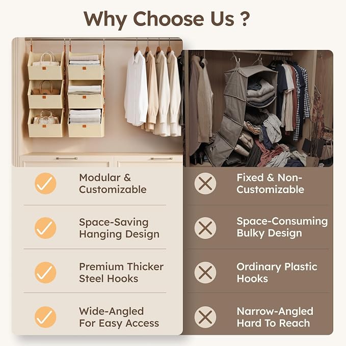 Homsorout Hanging Closet Organizer 4 Tier - Clothes Hanging Shelves, Space-Saving Closet System, Fabric Storage Bins Bedroom Organization, Collapsible Baskets for Home, Dorm, Rv, Beige