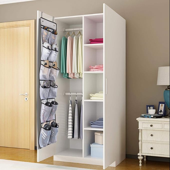 KEEPJOY Over The Door Shoe Organizer 2 Pack,Mesh Pockets Hanging Shoe Rack Over The Door,Shoe Storage Closet with 4 Hooks,Washable and Breathable Fabic,Large Size 57.5×12.6inch(Grey)