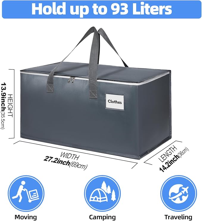 6 Pack Extra Large Heavy Duty Moving Bags with Reinforced Zipper & Wide Carrying Handles, Large Capacity Storage Totes for Clothes Packing, Apartment Moves & Home Organization, Grey