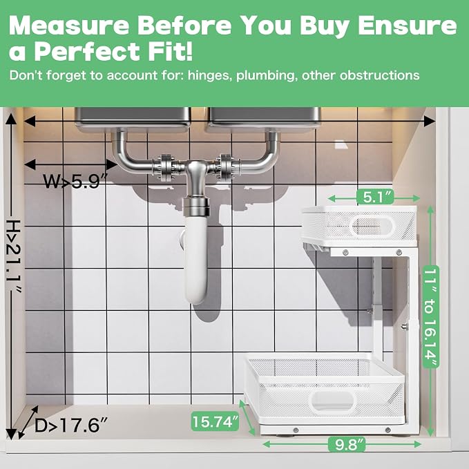 Under Sink Organizer 2 Pack, High Adjustable 2 Tier Under Sink Organizers and Storage, Slide out Metal Cabinet Organizers, Pull out Storage Drawer Shelf for Kitchen Bathroom Cabinet (White-1 pack)