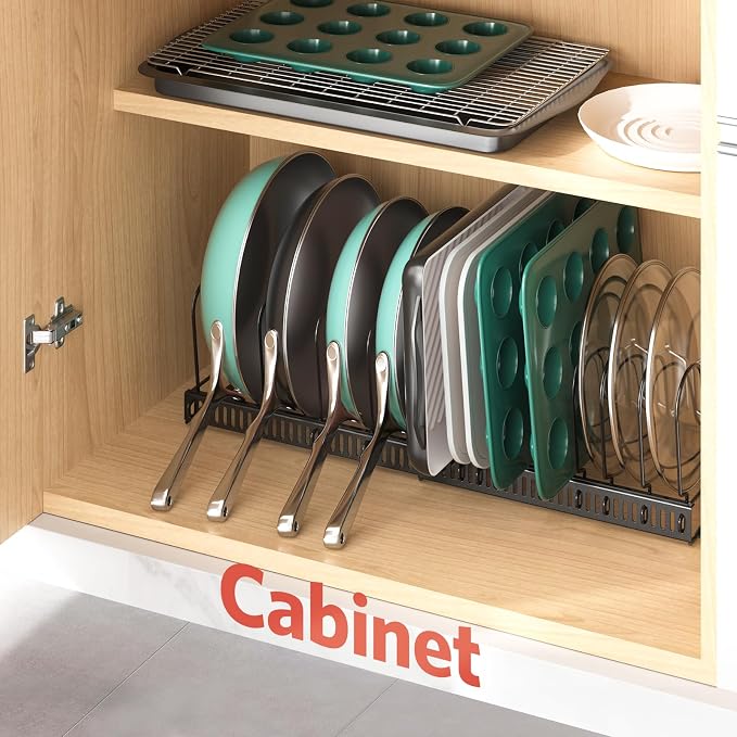 ORDORA Pots and Pans Organizer Under Cabinet, Expandable 11.8"-22.8" Pot Lid Holder with 14 Adjustable Dividers, Pan Organizers inside Cabinet for Kitchen Cookware Bakeware, Black