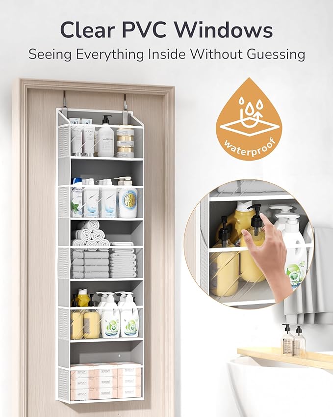 ULG 1-Pack Over Door Organizer with 5 Large Pockets 10 Mesh Side Pockets, 44 lbs Weight Capacity Hanging Storage Organizer with Clear Window for Bedroom Bathroom Kitchen, RV, Camper, Clear Grey