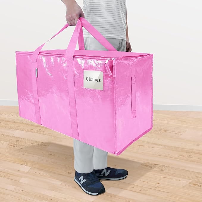 TICONN 4 Pack Extra Large Moving Bags Heavy Duty with Zippers & Carrying Handles, Durable Storage Bags Moving Boxes for Closet Organizers and Storage (4 Pack, Pink)
