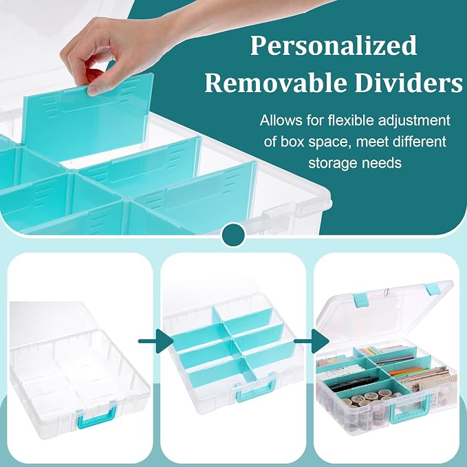 BTSKY Clear Plastic Dividing Storage Box with 8 Compartments Adjustable Storage Bin with Lid Portable Craft Storage Container Multipurpose Sewing Box Art Supply Organizer, 15.1x13.9x3.5 Inches