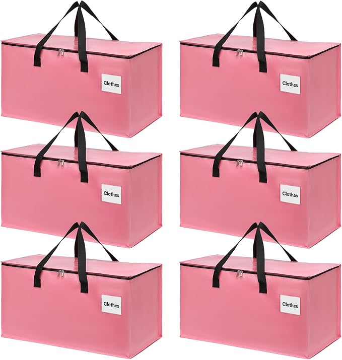6 Pack Extra Large Heavy Duty Moving Bags with Reinforced Zipper & Wide Carrying Handles, Durable Storage Totes for Clothes Packing, College Dorm, Travel & Home Organization, Pink