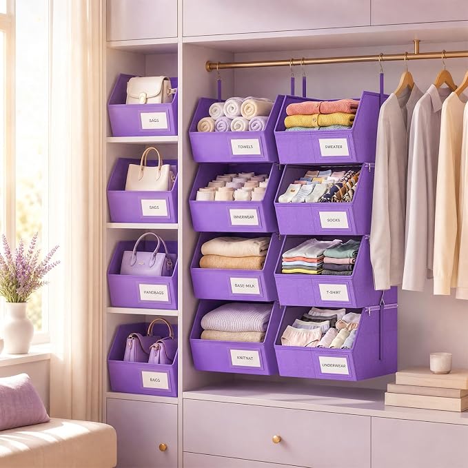 2 Pack 4-Tier Hanging Closet Organizer, Detachable Hanging Storage Shelves with Reinforced Side Panels, Hanging Closet Organizer for Clothes, Sweaters, Towels, Socks & Accessories, Purple