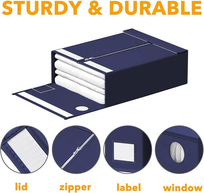 SpaceAid 8 Pack Bed Sheet Organizers and Storage, Foldable Sheet Organizer for Linen Closet, Sheets Set Folder Keeper with Window XL (Queen & King Size) Bedding Container (Navy Blue, 8 Pack)