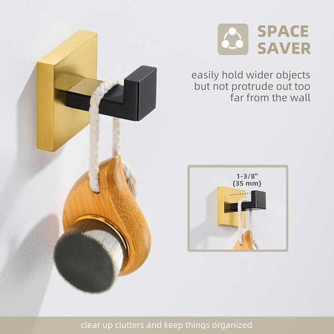 Angle Simple Towel Hook Black & Gold, 304 Stainless Steel Square Robe Bathroom Hook for Wall