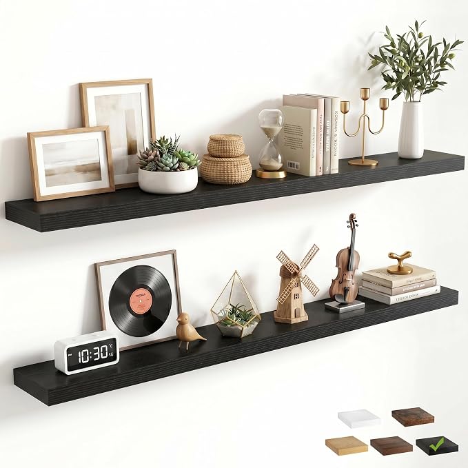 FLYJOE 55 Inch Floating Shelves for Wall Set of 2, 6.5" D Wood Grain Bathroom Shelves with Invisible Brackets, Easy Install Engineered Wood Storage Shelves for Kitchen, Living Room, Bedroom