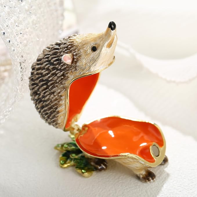 Hand Painted Animal Trinket Box for Home Decor, Hinged Jewelry Organizer Storage, Unique Personalized Collectible Keepsake Figurine Handmade Decorative Ornament Gifts (Hedgehog)
