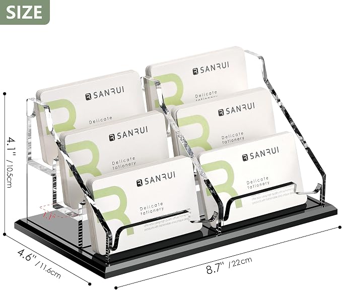 SANRUI Black Business Card Holder for Desk 6 Slot , Clear Acrylic Horizontal Name Card Stand for Women and Men, Desktop Organizer Display for Office Home Exhibition - 360 Card Capacity 1 Pack