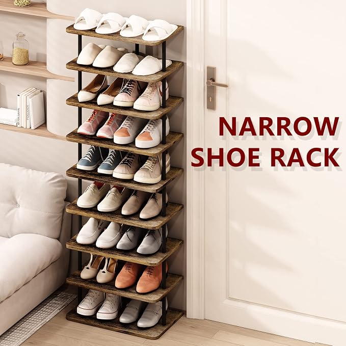 AZERPIAN Shoe Rack 9 Tier Vertical Storage Organizer Double Row Narrow Metal Slim Shelf Modern Free Standing Shoe Tower Saving Space for Closet Entryway Bedroom,Black+Rustic Brown