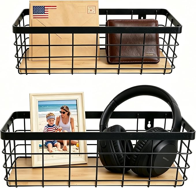 ShabbyDecor Metal Wire Basket for Kitchen Cabinet Pantry Bathroom Set of 2 | Detachable Wood Base, Farmhouse Hanging Basket, Storage Organizer for Kitchen, Cabinet, Bathroom, Pantry, Laundry Room
