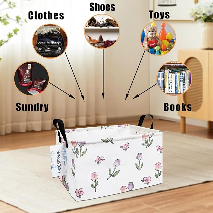 Rectangular Collapsible Romantic Tulip Storage Basket Nursery Organizer | Storage Bin Foldable Canvas with Handles for Organizing Home Kitchen Children Toys Office Closet Shelf Baskets