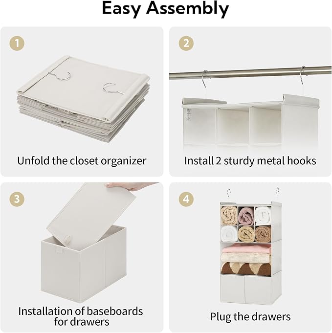 GRANNY SAYS Hanging Closet Organizer with Drawers, 4 Shelf Dividers Closet Hanging Organizer, Foldable Hanging Shelves for Clothes Organizer, Small Closet Organizers and Storage, Beige