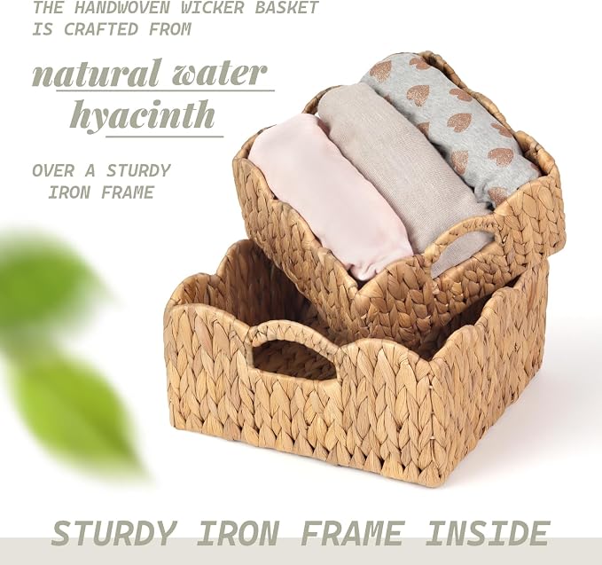 Scalloped Baskets (Natural-Set of 2) Basket Living Room Organizer, Water Hyacinth Baskets For Decor, Woven Basket for Bathroom, Bedroom, Laundr (2, Light Brown)