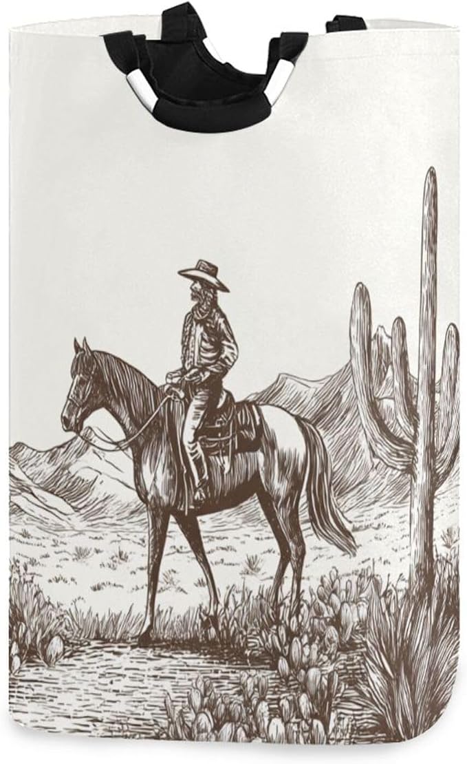 Ink Sketch Of Cowboy Riding Through Desert Large Laundry Hamper Basket, Collapsible Laundry Bag Storage Bins Baskets with Handles for Laundry, Bedroom, Home Decor