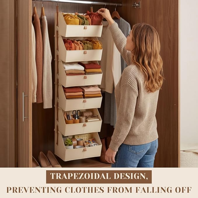 Hanging Closet Organizer 6 Tier Clothes Hanging Shelves with Hooks Zipper, Fabric Storage Bins Space Saving Closet System Collapsible Basket for Sweater Handbags, Laundry Bedroom Rv Dorm Home