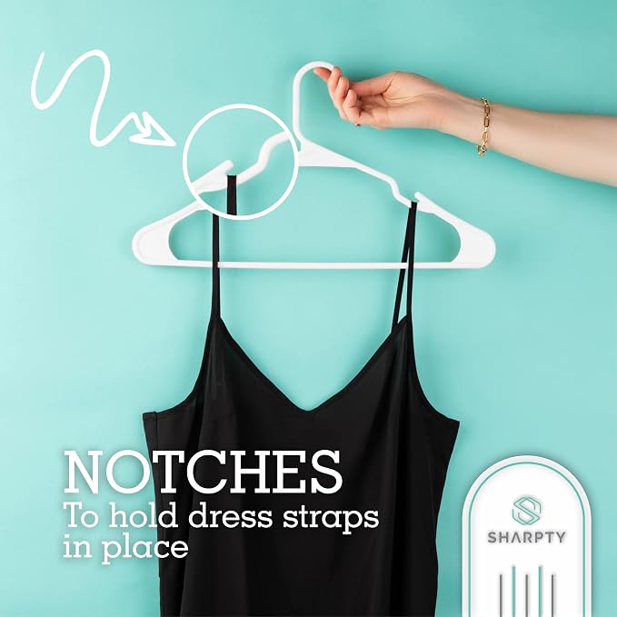 Sharpty Plastic Clothes Hangers – Notched Hangers for Clothes – Space Saving Adult Hangers for Shirts, Dresses, Coats & Pants – Lightweight Closet Organization (35 Pack, White)