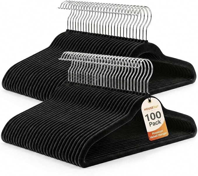 HOUSE DAY Premium Black Velvet Hangers 100 Pack - Non Slip Felt Hangers Closet Essentials, Space Saving Hanger, Gentle on Clothes, Sturdy Shoulder Design
