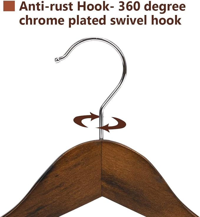 JS HANGER Wooden Suit Hangers, 6 Pack Extra-Wide Shoulder Wood Coat Hangers with Non Slip Pant Bar, Extra Smooth and Splinter Free Retro Finish