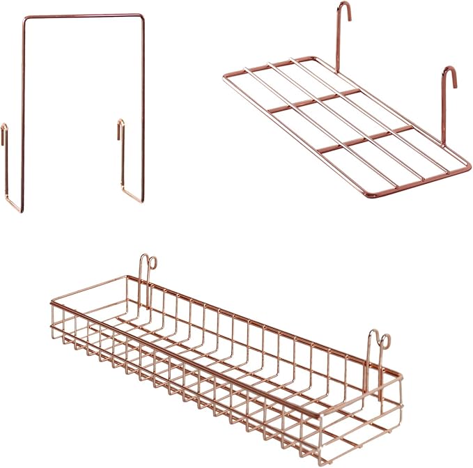 Rose Gold Grid Basket with Hooks,Bookshelf,Display Shelf for Wall Grid Panel,Wall Mount Organizer and Storage Shelf Rack for Home Supplies,1 Set of 3 (Rose Gold)