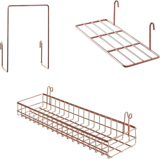 Rose Gold Grid Basket with Hooks,Bookshelf,Display Shelf for Wall Grid Panel,Wall Mount Organizer and Storage Shelf Rack for Home Supplies,1 Set of 3 (Rose Gold)