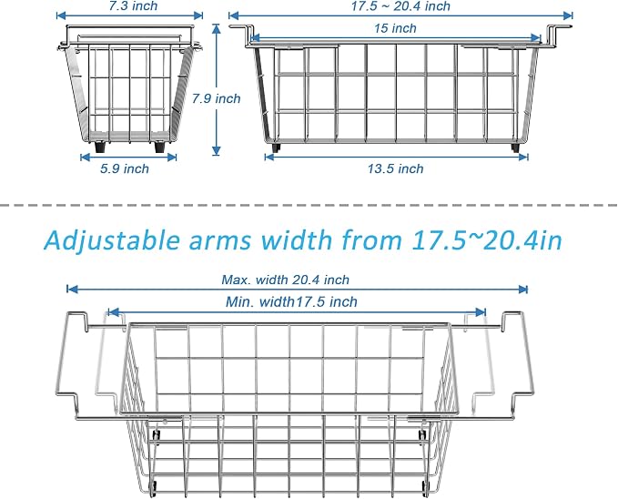 SANNO Chest Freezer Baskets, Stainless Steel Storage Organizer Bins with Sturdy Handles for Chest and Deep Freezers,Adjustable Arms width 17.5"~20.4", 2 pack