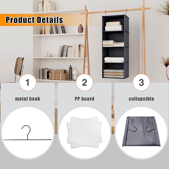 Hanging Closet Organizer 4-Shelf, Oxford Fabric Wardrobe Storage, Dark Grey | Easy-mount foldable design holds clothes, handbags, shoes & accessories; washable Oxford fabric, sturdy and space-saving.