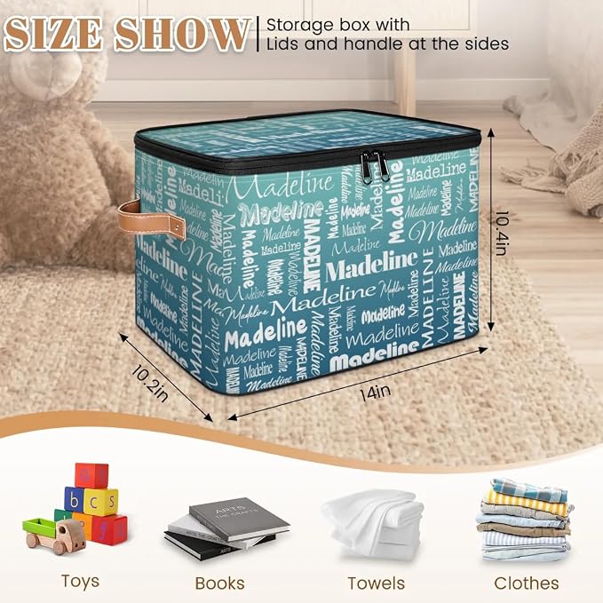 Custom Storage Basket with Name, Personalized Keepsake Box with Zipper Lid, Foldable Fabric Memory Bin Large capacity with Handle Gradient Grey Green