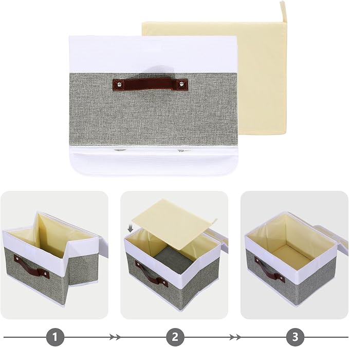 ANMINY Storage Boxes with Lids Washable Decorative Storage Bins Basket with PU Leather Handle Foldable Linen Fabric Storage Cubes Containers for Home Closet Organizer - Gray White, Medium