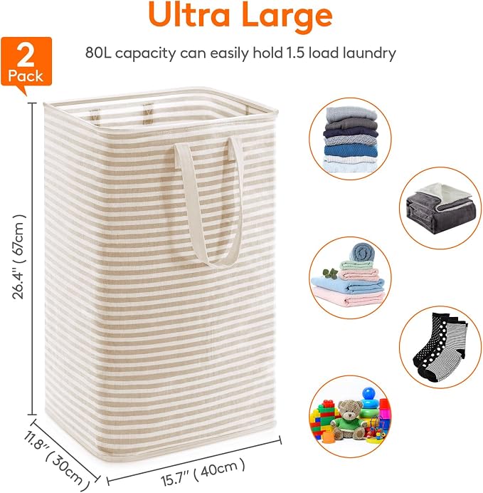 Lifewit 2 Pack Laundry Basket 80L Each, Collapsible Clothes Hamper with Reinforced Handles, Freestanding Waterproof Design for Bedroom and Laundry Room, Beige 160L Total