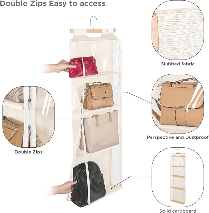 Syeeiex Over The Door Purse Organizer with Zippers, 4 Mesh Shelves,Clear Slubbed Fabric+PVC Hanging Closet Bag Organizer, Dustproof Handbag Closet Tote Storage Bag for Door, Wardrobe, Beige