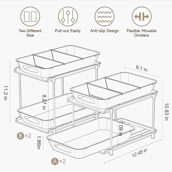 Sevenblue 4-Pack 2-Tier Under Sink Organizer with Pull Out Drawers | Multi-use kitchen & bathroom storage. Includes hanging hooks and cups. transparent, space-saving cabinet design. 11.2 Inch