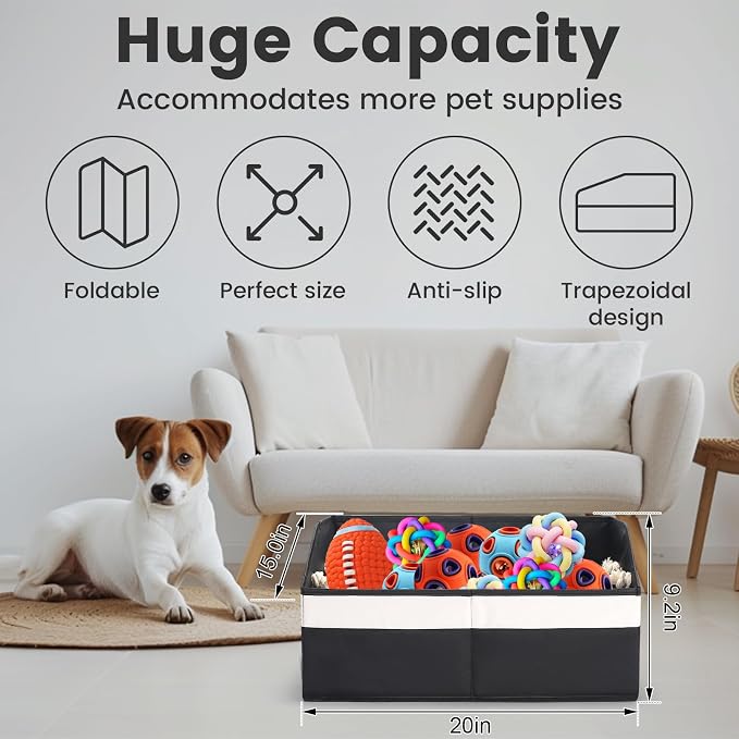 Large Dog Toy Basket with Handle, Foldable Dog Toy Box for Living Room Area , 20" Basket for Dog's Supplies, Organizer and Storage with Hard Board, Anti-Slip for Pet Toys (Black, Medium 20"×15")