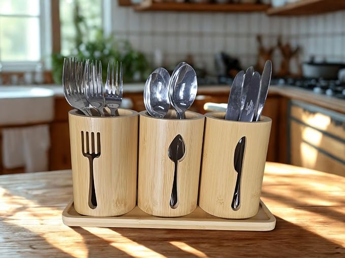 Bamboo Cutlery Holder Set - 3 Kitchen Utensils Holder Organiser with Bamboo Tray | Decorative Kitchen Countertop Stand | Knife, Fork and Spoon Holders