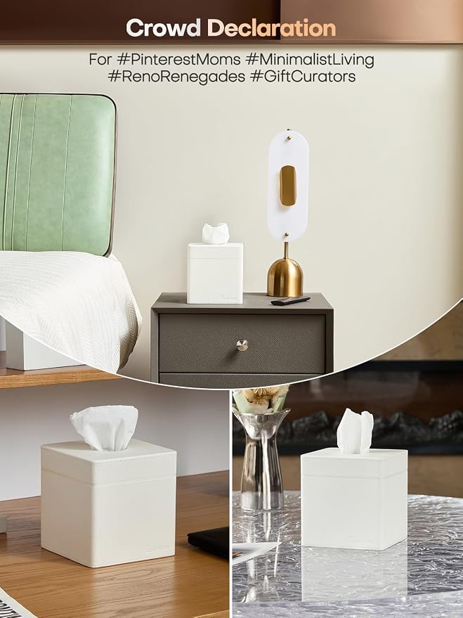 Square Tissue Box Cover Holder with Patented Texture for Kleenex/Puffs Cubes | Desktop & Shelf Decor | Stardust Black/Polar Ice/Liquid Iridium | Patented Metal-Look PU Leather -Polar Ice