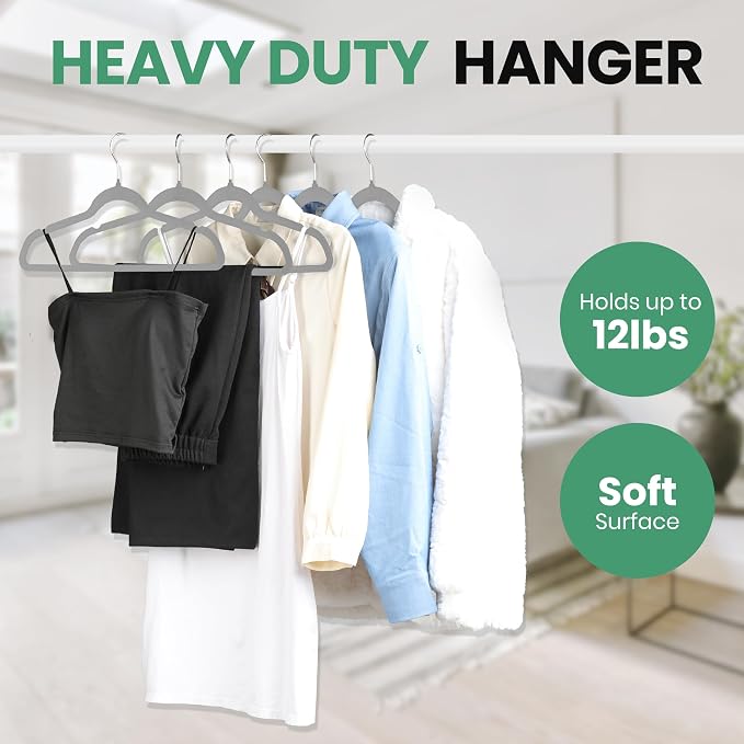 InfiniPower 70 Pack Velvet Hangers, Heavy Duty Clothes Hanger for Coat, Pants & Dress, Non-Slip Hanger Set with Shoulder Notches, 360° Swivel Hook, Space Saving Felt Hangers, Grey