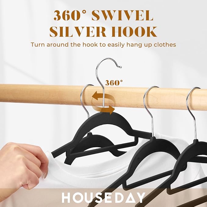 HOUSE DAY Premium Velvet Hangers 20 Pack, Non-Slip Hangers with Tie Bar | Elegance Black Standard Clothes Hanger Slim Felt Hanger with 360° Swivel Hook for Closet Organized Storage，72g/Pc